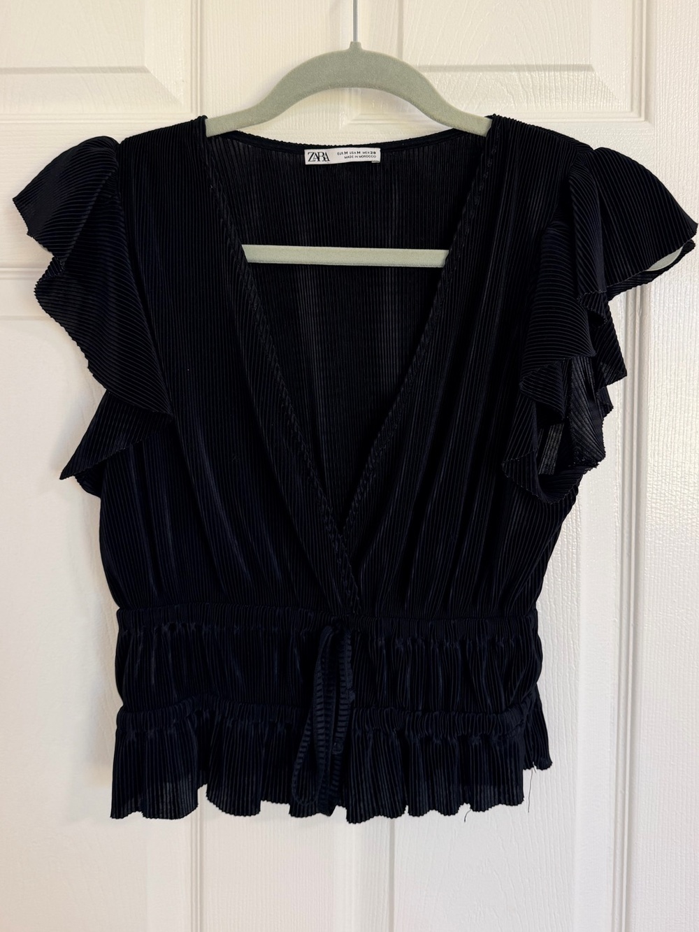 Zara Black Pleated Ruffle-Sleeve V-Neck Top